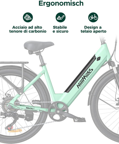 Bicicletta Elettrica MileCity 1 Blue 26" – Batteria Rimovibile 36V 13Ah